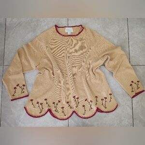 CJ Banks Beige Sweater with Maroon Floral Trim